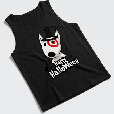 Kawaii Bull Terrier wearing a witch hat with Happy HalloweEn text in black and red — printed on a tank top