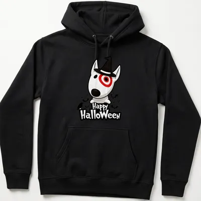 Kawaii Bull Terrier wearing a witch hat with Happy HalloweEn text in black and red — printed on a unisex hoodie