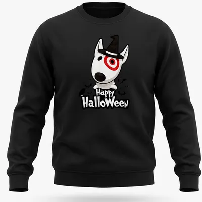 Kawaii Bull Terrier wearing a witch hat with Happy HalloweEn text in black and red — printed on a unisex sweatshirt