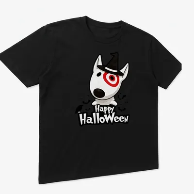 Kawaii Bull Terrier wearing a witch hat with Happy HalloweEn text in black and red — printed on a unisex t-shirt (angled view)