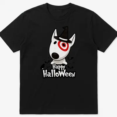 Kawaii Bull Terrier wearing a witch hat with Happy HalloweEn text in black and red