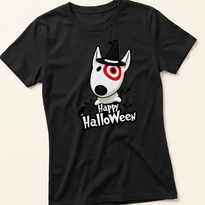 Kawaii Bull Terrier wearing a witch hat with Happy HalloweEn text in black and red — printed on a women's shirt