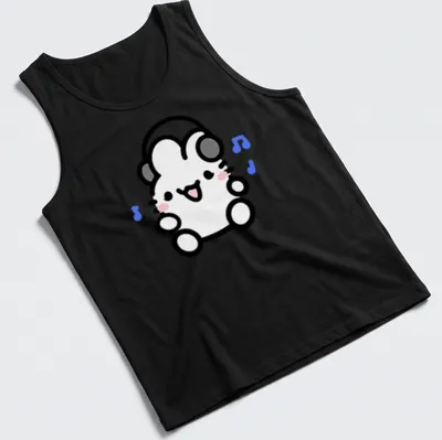 Kawaii line-art of a cute bunny wearing headphones in soft colors — printed on a tank top