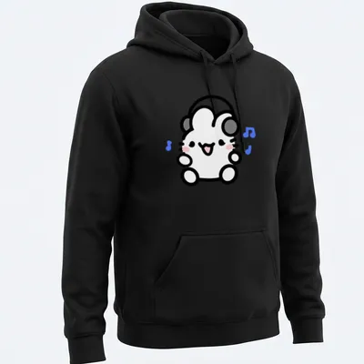 Kawaii line-art of a cute bunny wearing headphones in soft colors — printed on a unisex hoodie