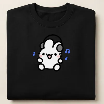 Kawaii line-art of a cute bunny wearing headphones in soft colors — printed on a unisex sweatshirt