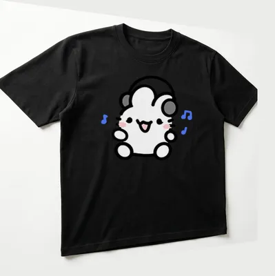 Kawaii line-art of a cute bunny wearing headphones in soft colors — printed on a unisex t-shirt (angled view)