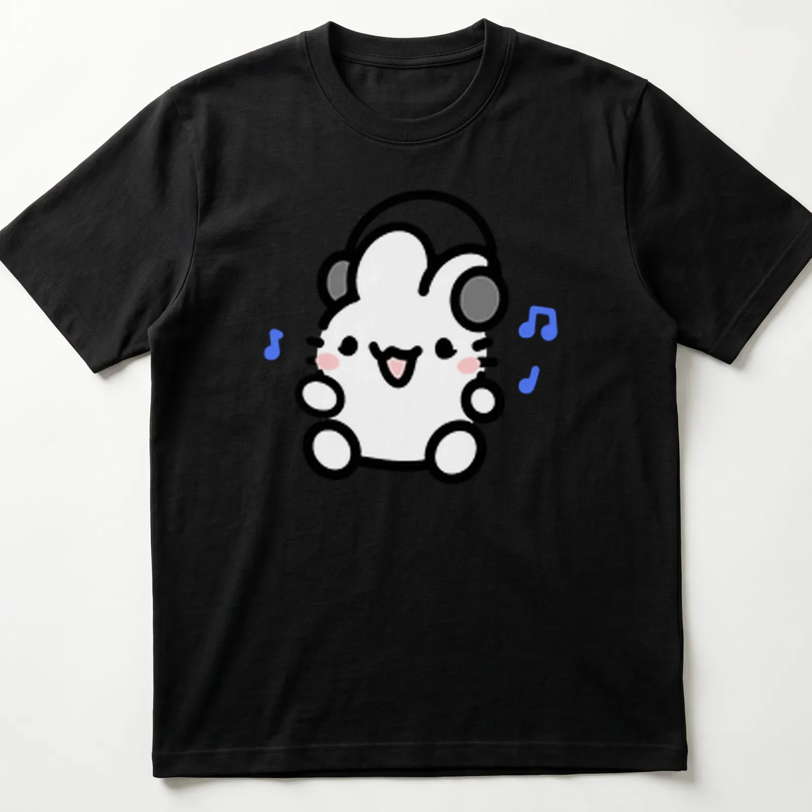 Kawaii line-art of a cute bunny wearing headphones in soft colors — printed on a unisex t-shirt