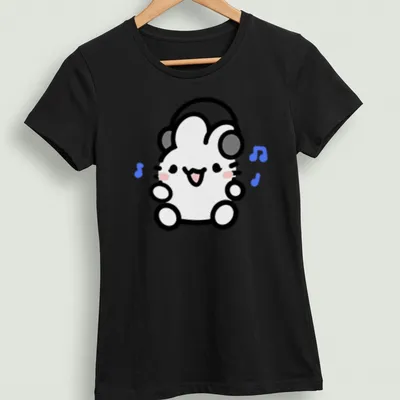 Kawaii line-art of a cute bunny wearing headphones in soft colors — printed on a women's shirt