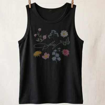 Charming pastel illustration of a butterfly and colorful flowers with Dolly signature — printed on a tank top