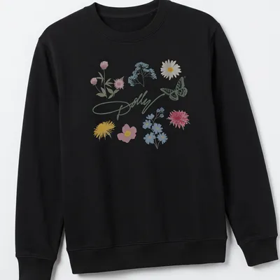 Charming pastel illustration of a butterfly and colorful flowers with Dolly signature — printed on a unisex sweatshirt