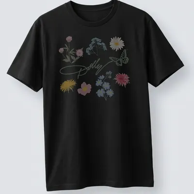 Charming pastel illustration of a butterfly and colorful flowers with Dolly signature