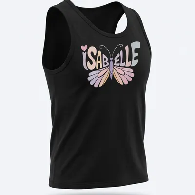 Vintage style t-shirt with the name Isabelle and a butterfly illustration in soft colors. — printed on a tank top