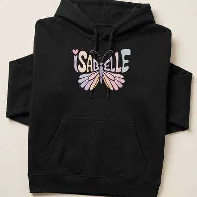 Vintage style t-shirt with the name Isabelle and a butterfly illustration in soft colors. — printed on a unisex hoodie