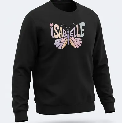 Vintage style t-shirt with the name Isabelle and a butterfly illustration in soft colors. — printed on a unisex sweatshirt