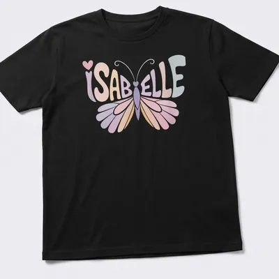Vintage style t-shirt with the name Isabelle and a butterfly illustration in soft colors.