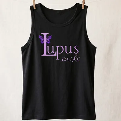 Illustration of a butterfly with the text 'Lupus sucks' in playful font. — printed on a tank top
