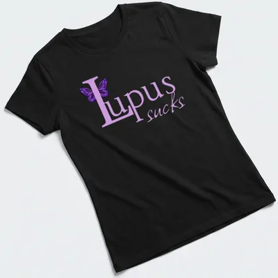 Illustration of a butterfly with the text 'Lupus sucks' in playful font. — printed on a women's shirt