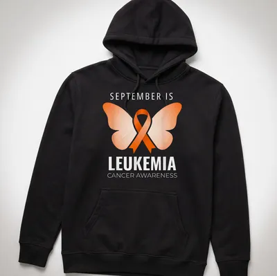 Butterfly graphic with text about leukemia cancer awareness in orange and white — printed on a unisex hoodie