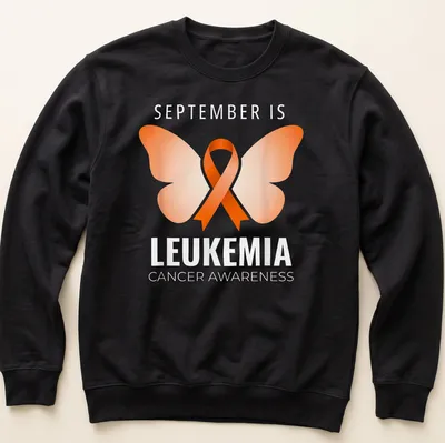 Butterfly graphic with text about leukemia cancer awareness in orange and white — printed on a unisex sweatshirt