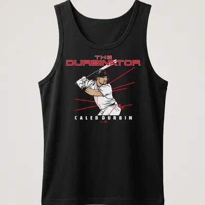 Minimalist line-art of a baseball player with text The Durbinator Caleb Durbin in red and black — printed on a tank top