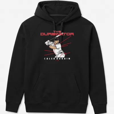 Minimalist line-art of a baseball player with text The Durbinator Caleb Durbin in red and black — printed on a unisex hoodie