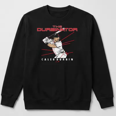 Minimalist line-art of a baseball player with text The Durbinator Caleb Durbin in red and black — printed on a unisex sweatshirt