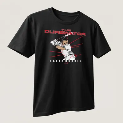 Minimalist line-art of a baseball player with text The Durbinator Caleb Durbin in red and black — printed on a unisex t-shirt (angled view)