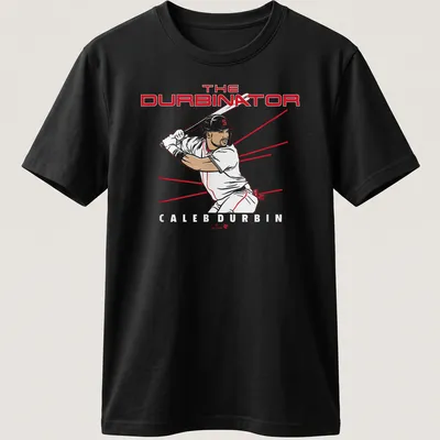 Minimalist line-art of a baseball player with text The Durbinator Caleb Durbin in red and black
