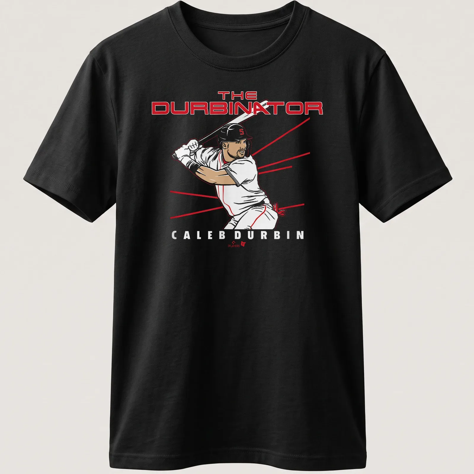 Minimalist line-art of a baseball player with text The Durbinator Caleb Durbin in red and black — printed on a unisex t-shirt