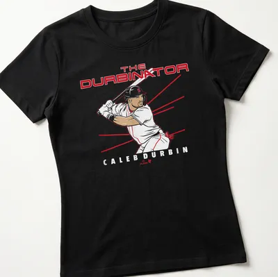 Minimalist line-art of a baseball player with text The Durbinator Caleb Durbin in red and black — printed on a women's shirt