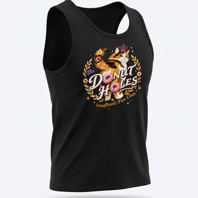 Colorful illustration of a calico cat with whimsical text about donut holes — printed on a tank top
