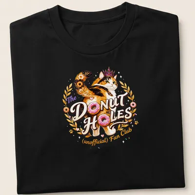 Colorful illustration of a calico cat with whimsical text about donut holes