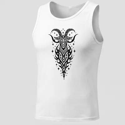 Bold tribal illustration of a Capricorn Sea Goat in black ink — printed on a tank top