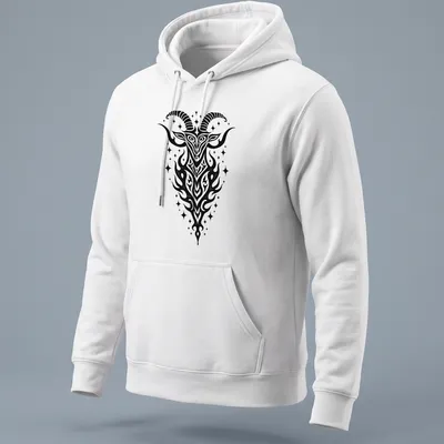 Bold tribal illustration of a Capricorn Sea Goat in black ink — printed on a unisex hoodie