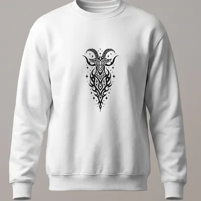 Bold tribal illustration of a Capricorn Sea Goat in black ink — printed on a unisex sweatshirt