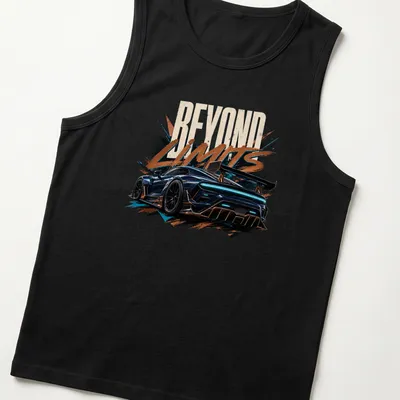 Dynamic graphic of a car in motion with the text Beyond Limits — printed on a tank top
