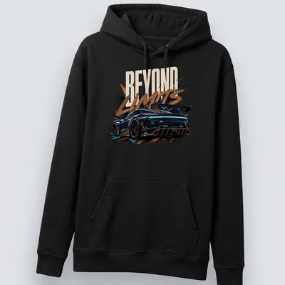 Dynamic graphic of a car in motion with the text Beyond Limits — printed on a unisex hoodie