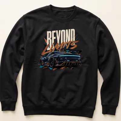 Dynamic graphic of a car in motion with the text Beyond Limits — printed on a unisex sweatshirt