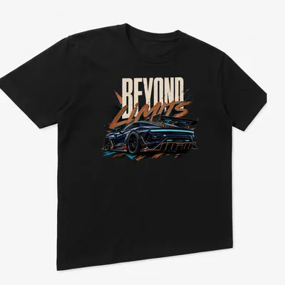 Dynamic graphic of a car in motion with the text Beyond Limits — printed on a unisex t-shirt (angled view)
