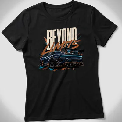Dynamic graphic of a car in motion with the text Beyond Limits — printed on a women's shirt