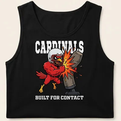 Cartoonish Cardinals mascot graphic with red, yellow, black, and white colors — printed on a tank top