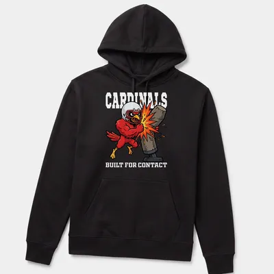 Cartoonish Cardinals mascot graphic with red, yellow, black, and white colors — printed on a unisex hoodie