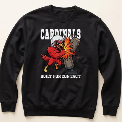 Cartoonish Cardinals mascot graphic with red, yellow, black, and white colors — printed on a unisex sweatshirt