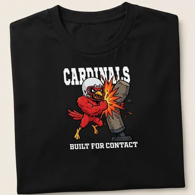 Cartoonish Cardinals mascot graphic with red, yellow, black, and white colors