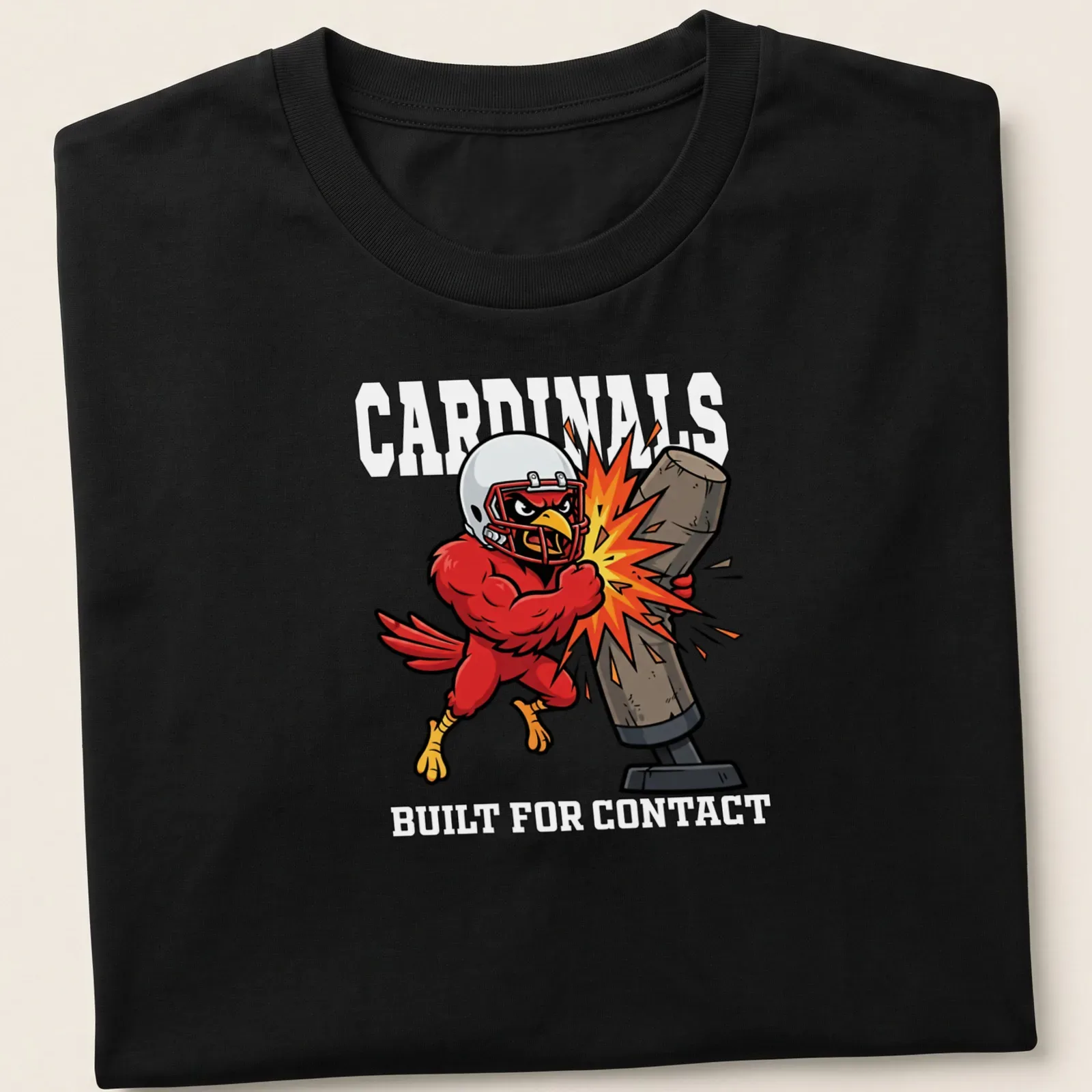Cartoonish Cardinals mascot graphic with red, yellow, black, and white colors — printed on a unisex t-shirt