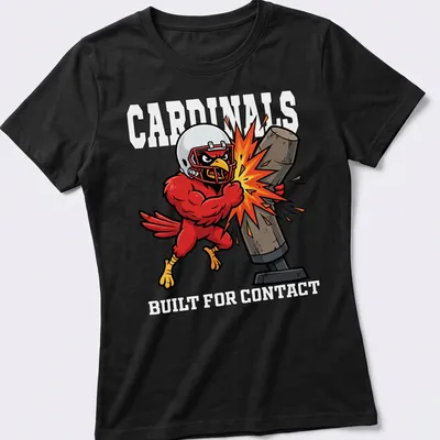 Cartoonish Cardinals mascot graphic with red, yellow, black, and white colors — printed on a women's shirt