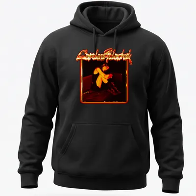 Caroline Polachek portrait in glow frame with red and orange colors — printed on a unisex hoodie