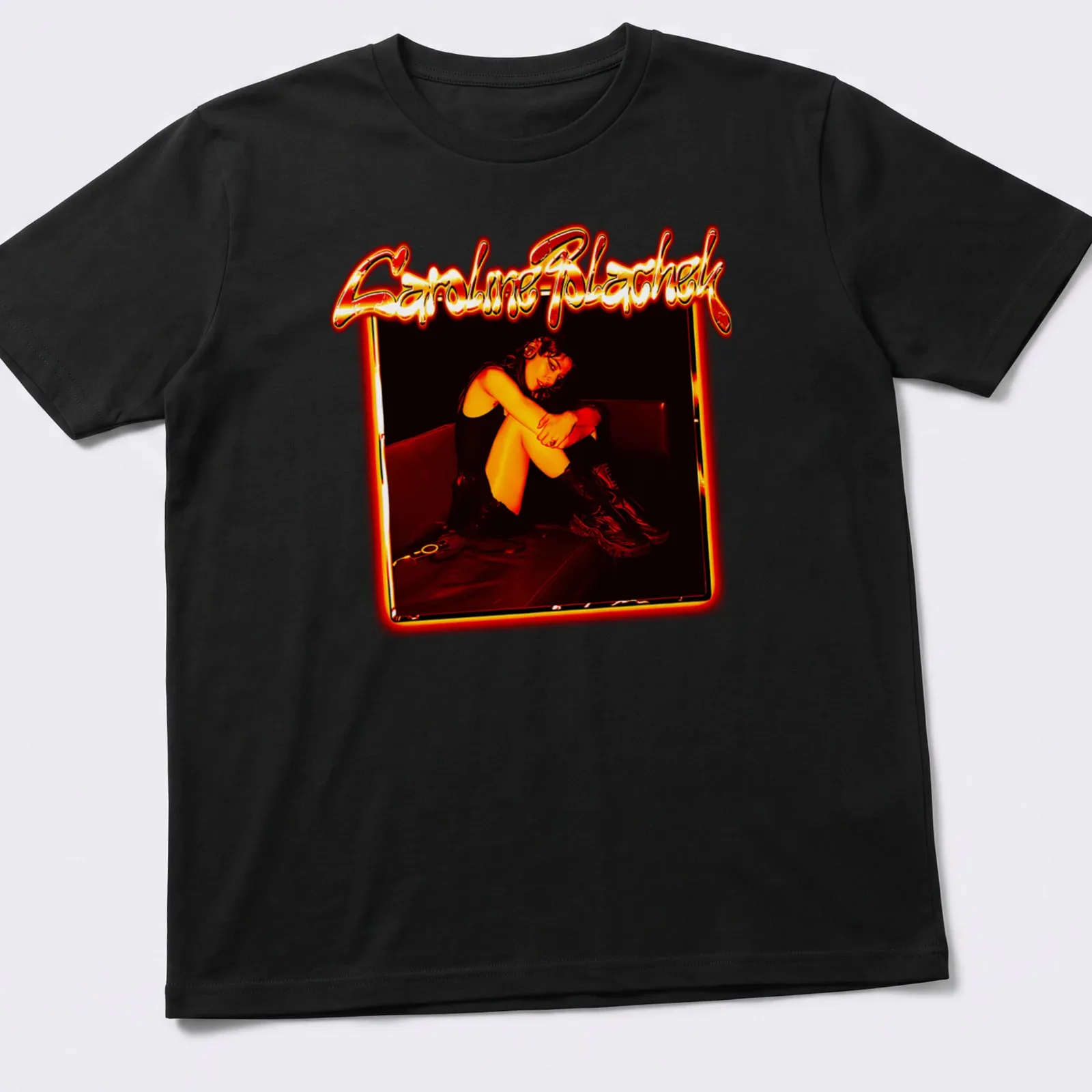 Caroline Polachek portrait in glow frame with red and orange colors — printed on a unisex t-shirt