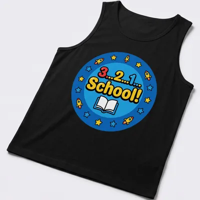 Colorful cartoon print of rockets and a book with the text 3...2...1... School! — printed on a tank top