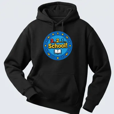 Colorful cartoon print of rockets and a book with the text 3...2...1... School! — printed on a unisex hoodie